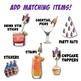 Collection of party supplies including drink stir sticks, cocktail picks, party hats, straws, stickers, and cupcake toppers on a white background.